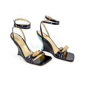 Gucci Regent Dora Crystal Snake Head Wedge Heels Size 37 US 7 Black Patent